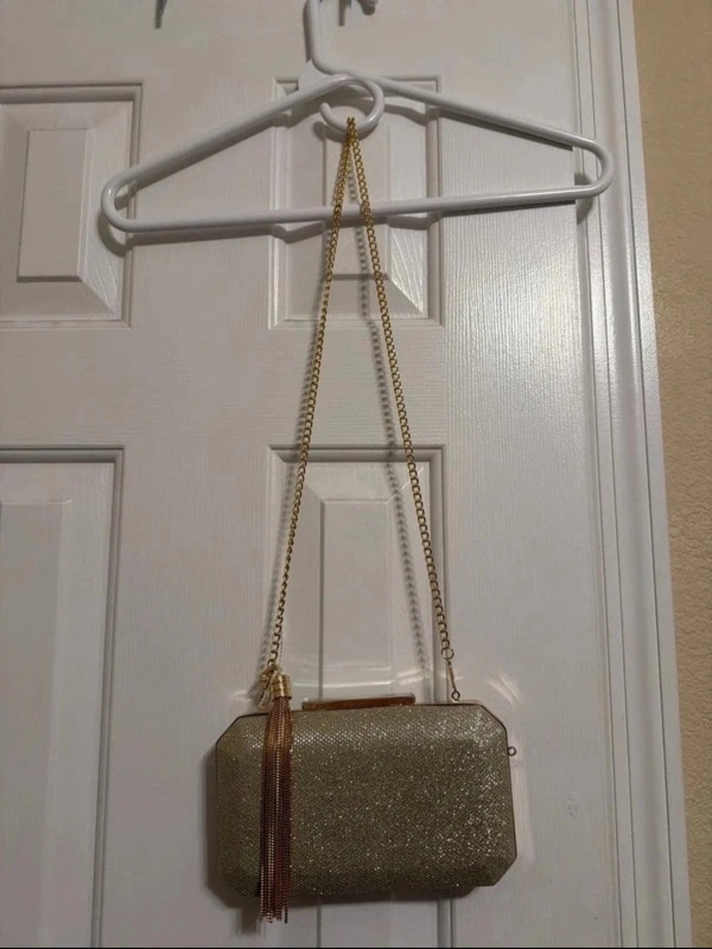 Nina Gold Glitter Box Clutch with Chain and Tassel
